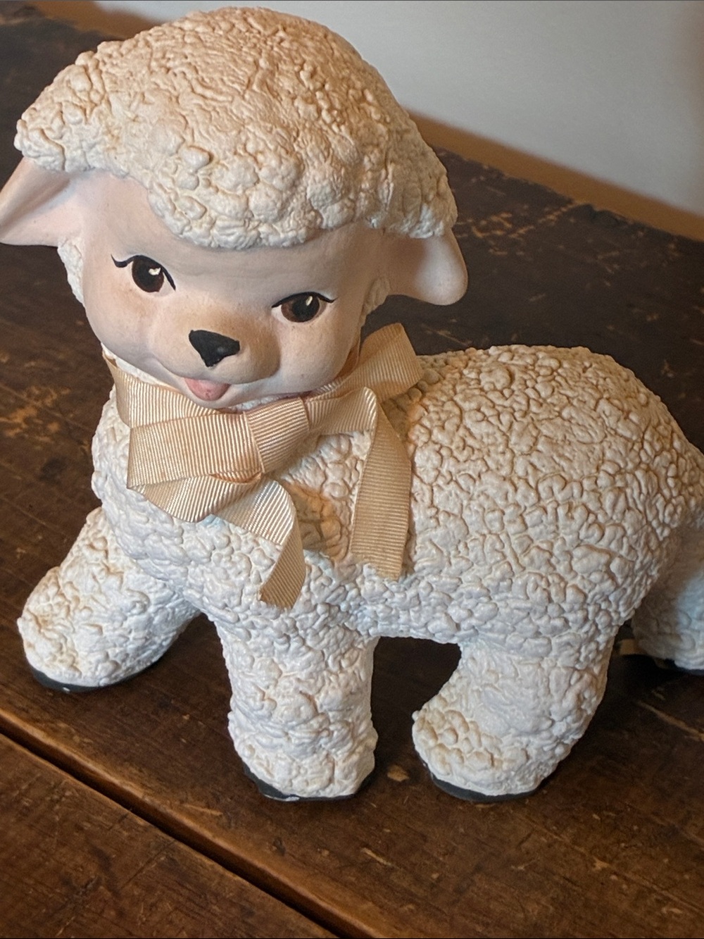 Vintage Ceramic Lamb Figurine with Ribbon - Cream White